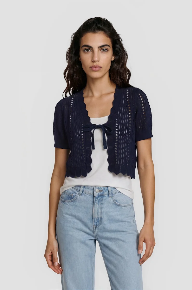 Short Sleeve Front Tie Shrug - Navy