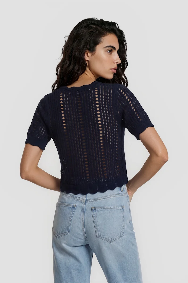 Short Sleeve Front Tie Shrug - Navy - Image 2