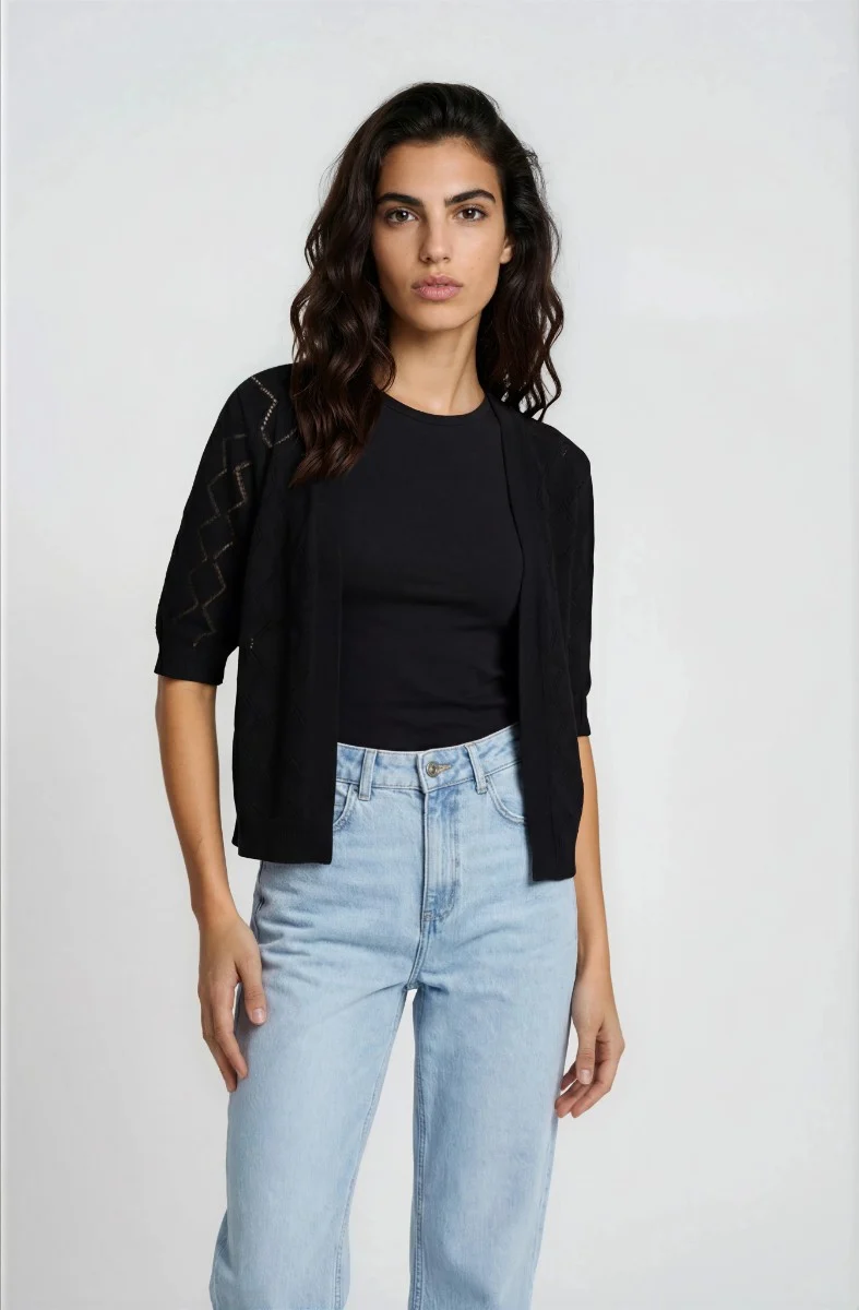 Diamond Knit Open Cardigan - Black
