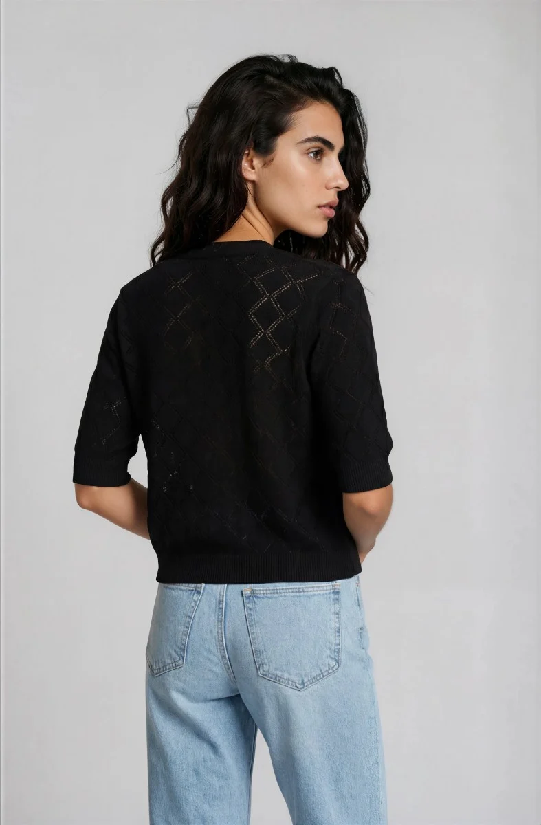Diamond Knit Open Cardigan - Black - Image 2
