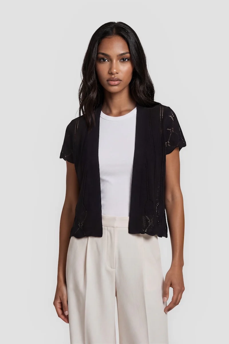 Short Sleeve Open Cardigan - Black