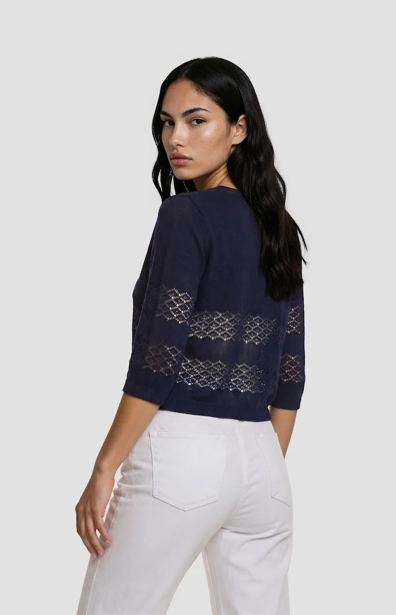 Half Sleeve Cropped Cardigan - Navy - Image 2