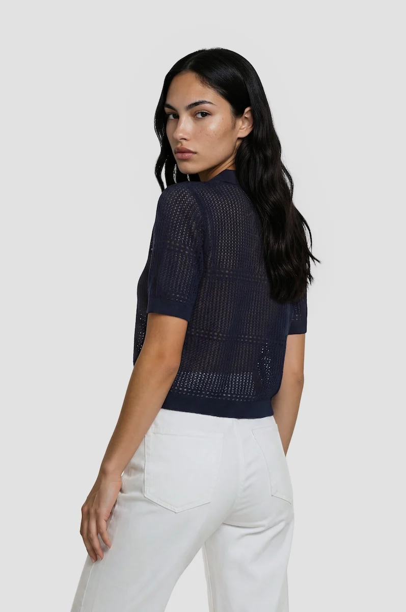 Open Knit Short Sleeve Shrug - Navy - Image 2