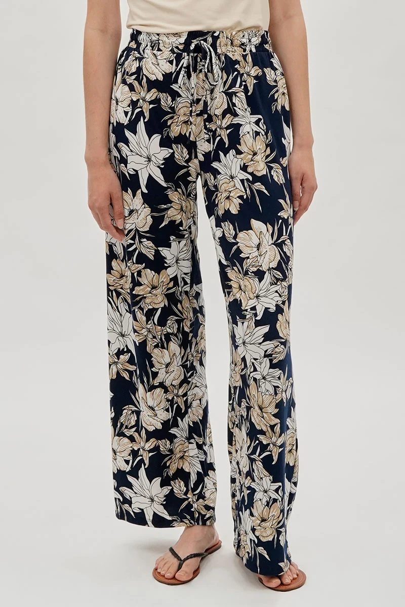 Floral Wide Leg Pants - Navy