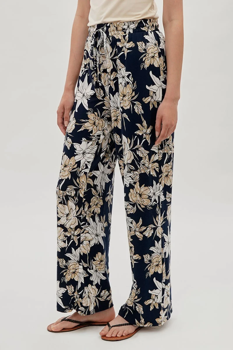 Floral Wide Leg Pants - Navy - Image 2