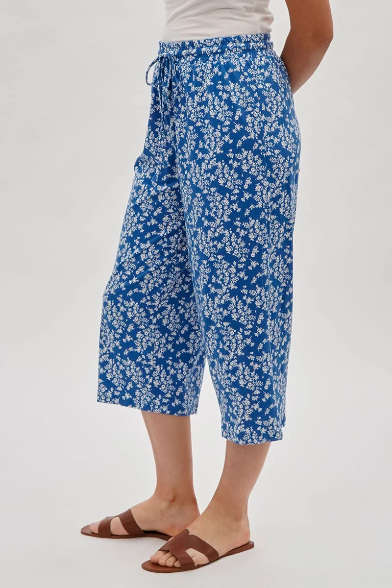 Floral Wide Leg Capris Pants - Blue - Image 2