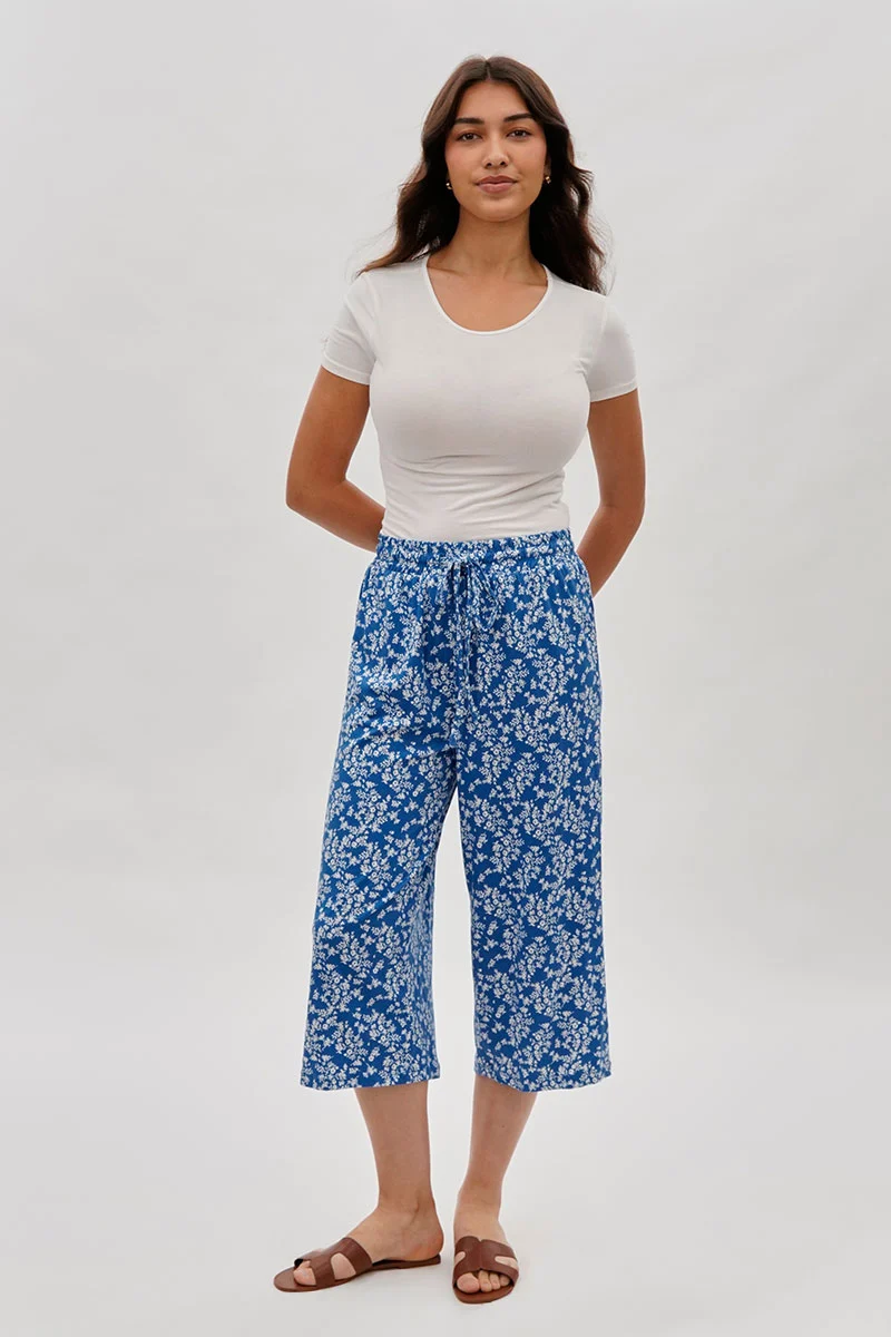 Floral Wide Leg Capris Pants - Blue - Image 5