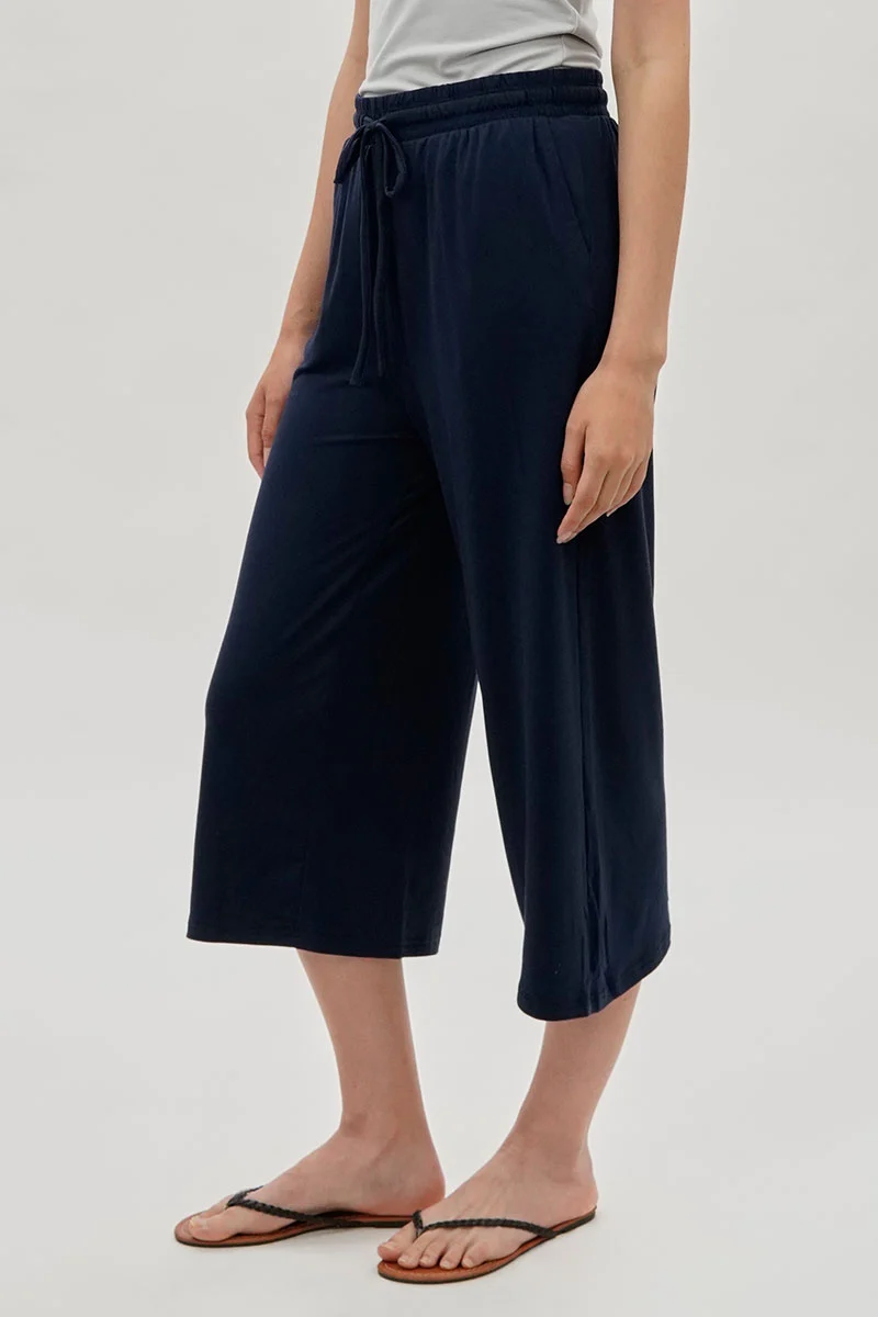 Tie Waist Cropped Pants - Navy - Image 2