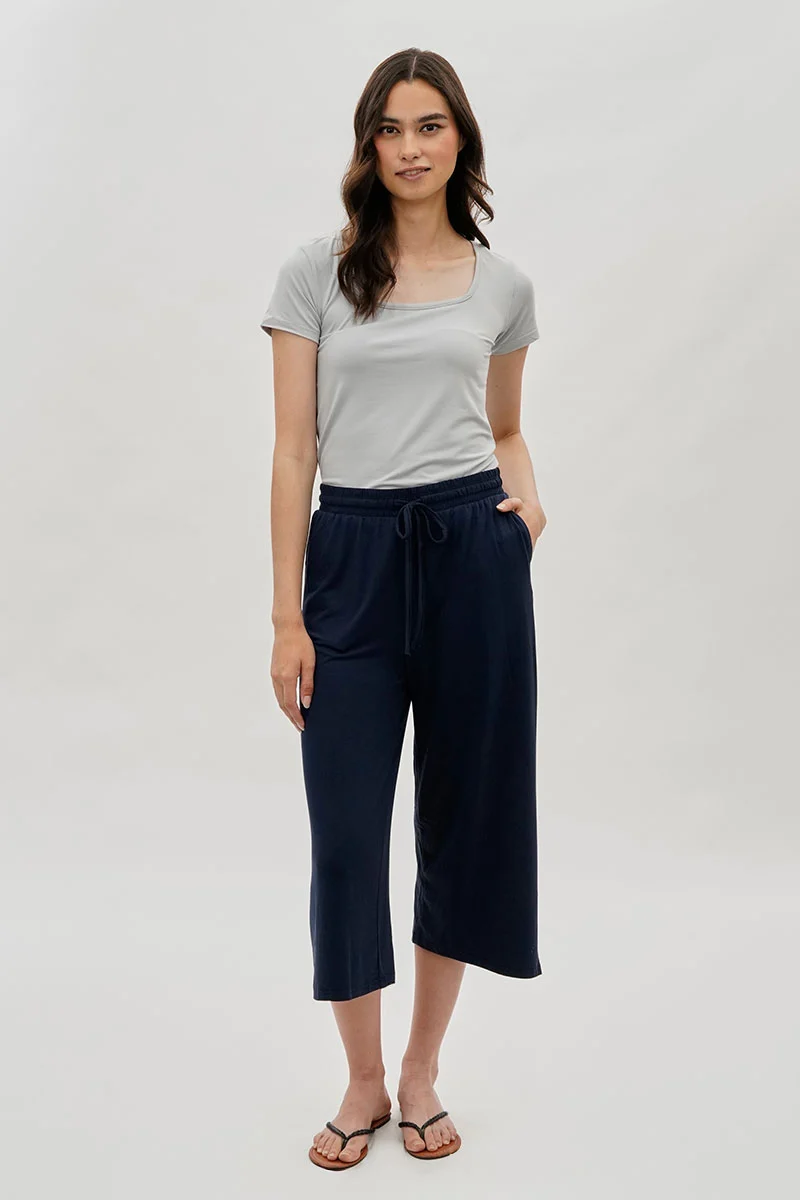 Tie Waist Cropped Pants - Navy - Image 5