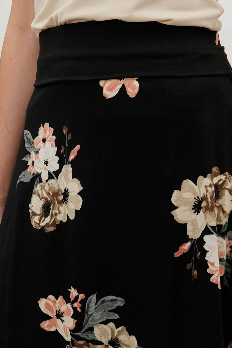Floral Fold Over Midi Skirt - Black - Image 4