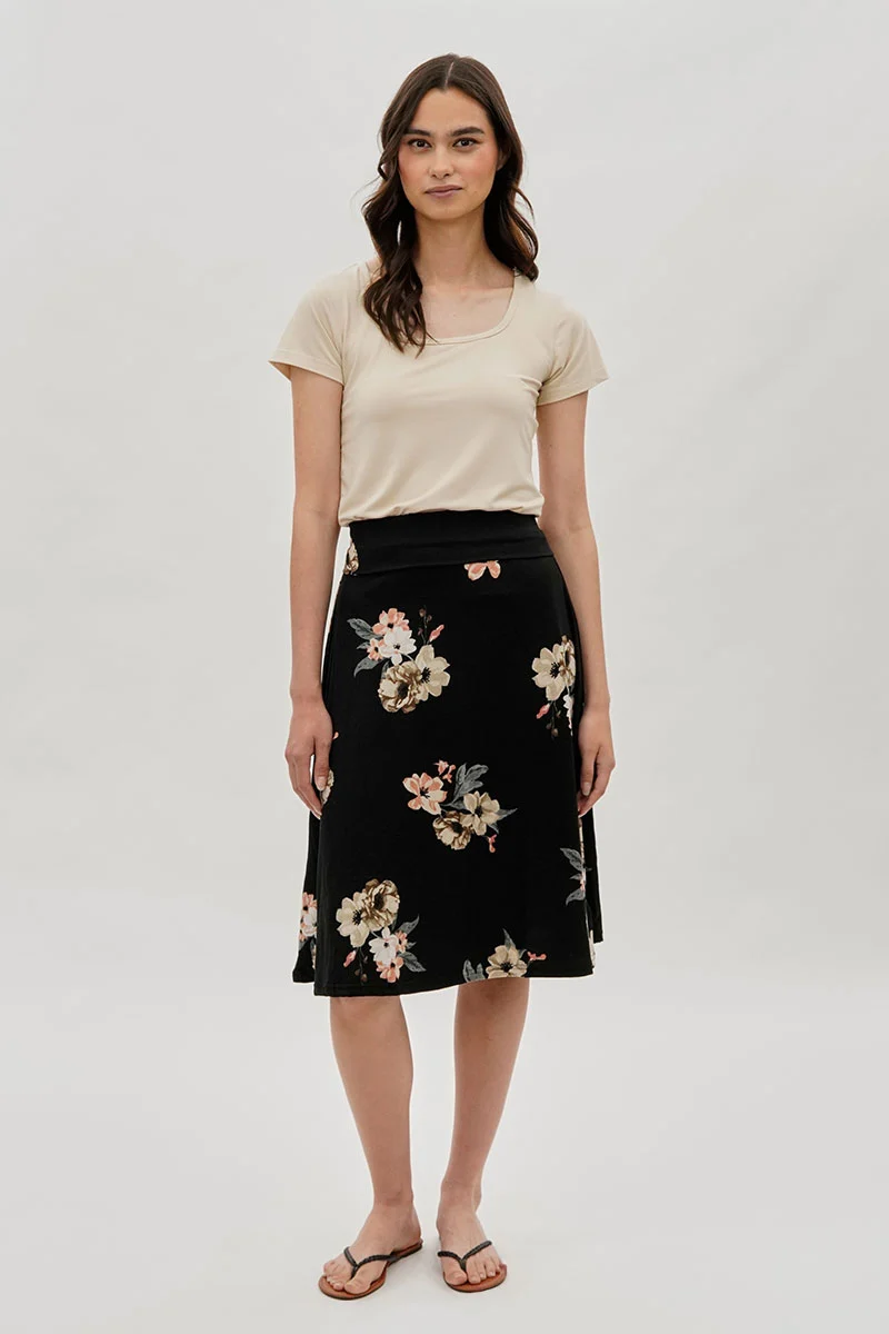 Floral Fold Over Midi Skirt - Black - Image 5