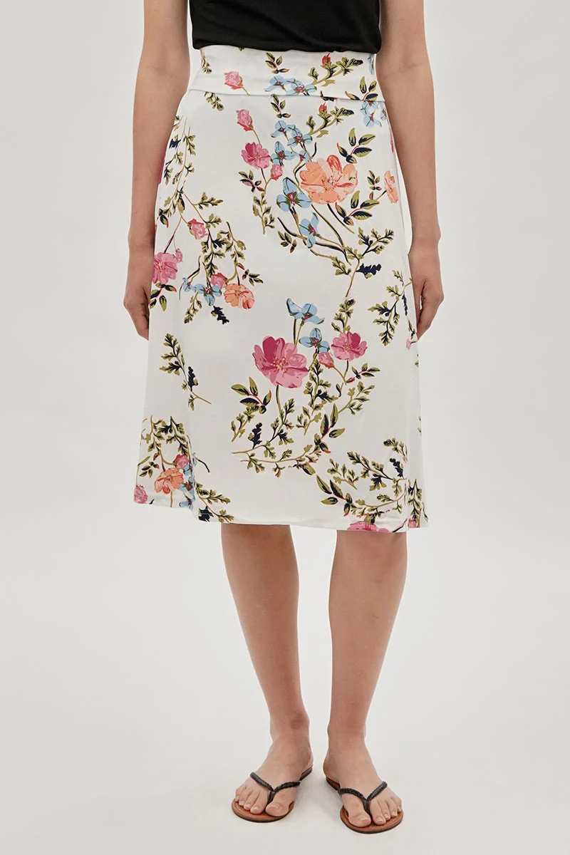 Floral Fold Over Midi Skirt - White