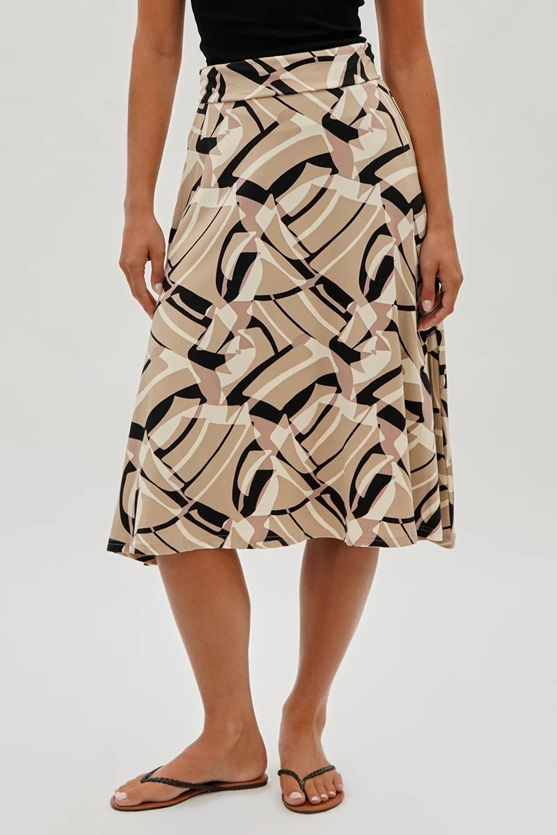 Patterned Fold Over Midi Skirt - Beige