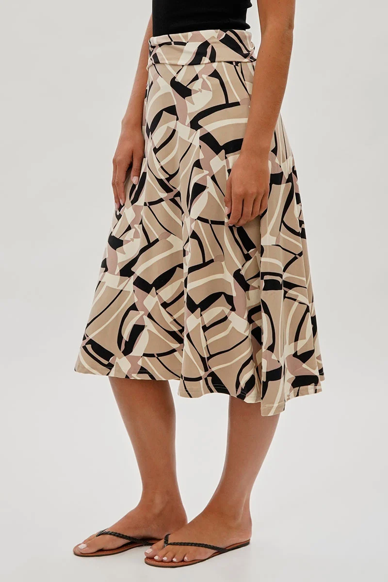 Patterned Fold Over Midi Skirt - Beige - Image 2
