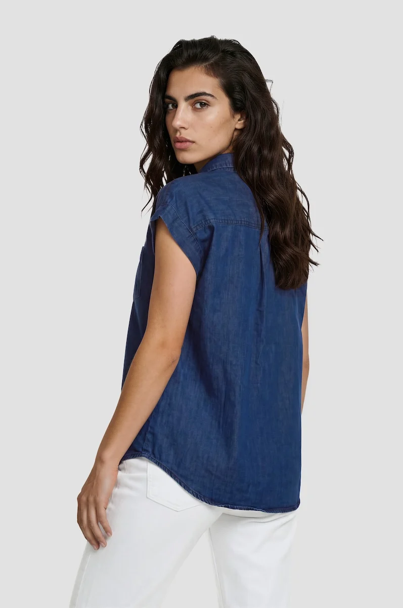Sleeveless Button Up Shirt - Navy - Image 2
