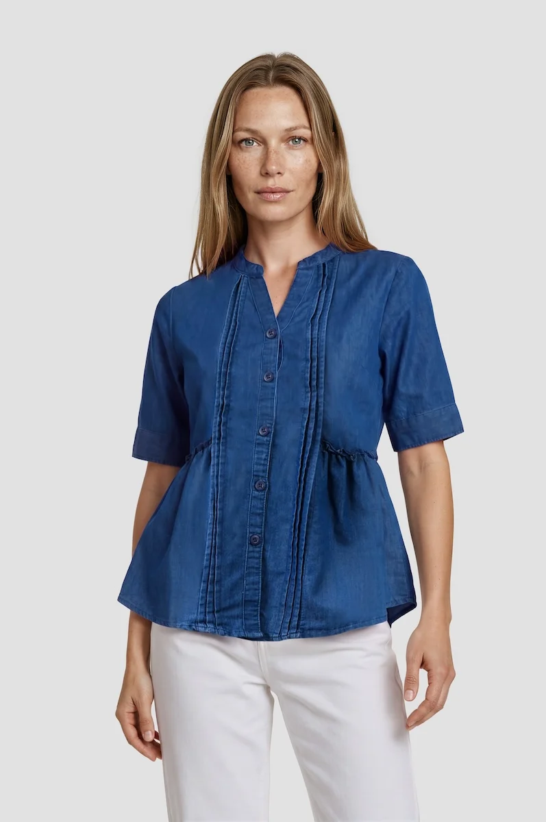 Half Sleeve Pleated Button Down Shirt - Blue