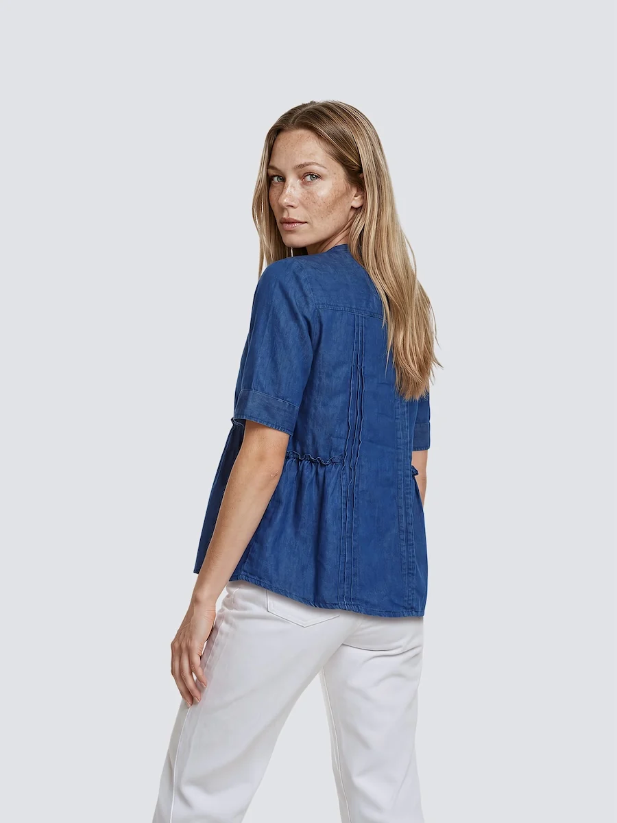 Half Sleeve Pleated Button Down Shirt - Blue - Image 2