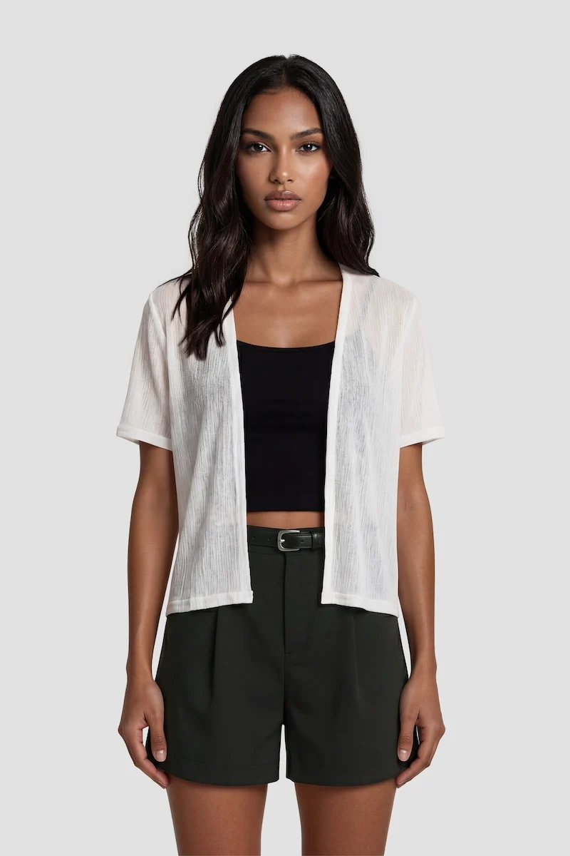 Short Sleeve Open Mesh Cardigan - White