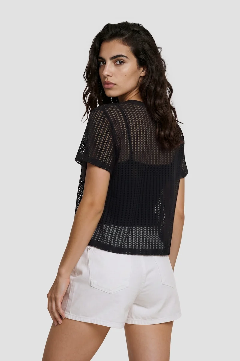 Short Sleeve Open Mesh Cardigan - Black - Image 2