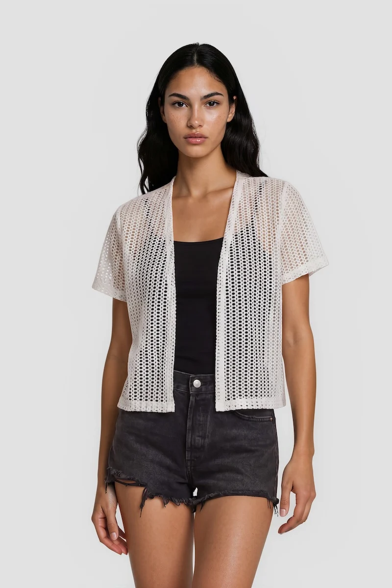 Short Sleeve Open Mesh Cardigan - White