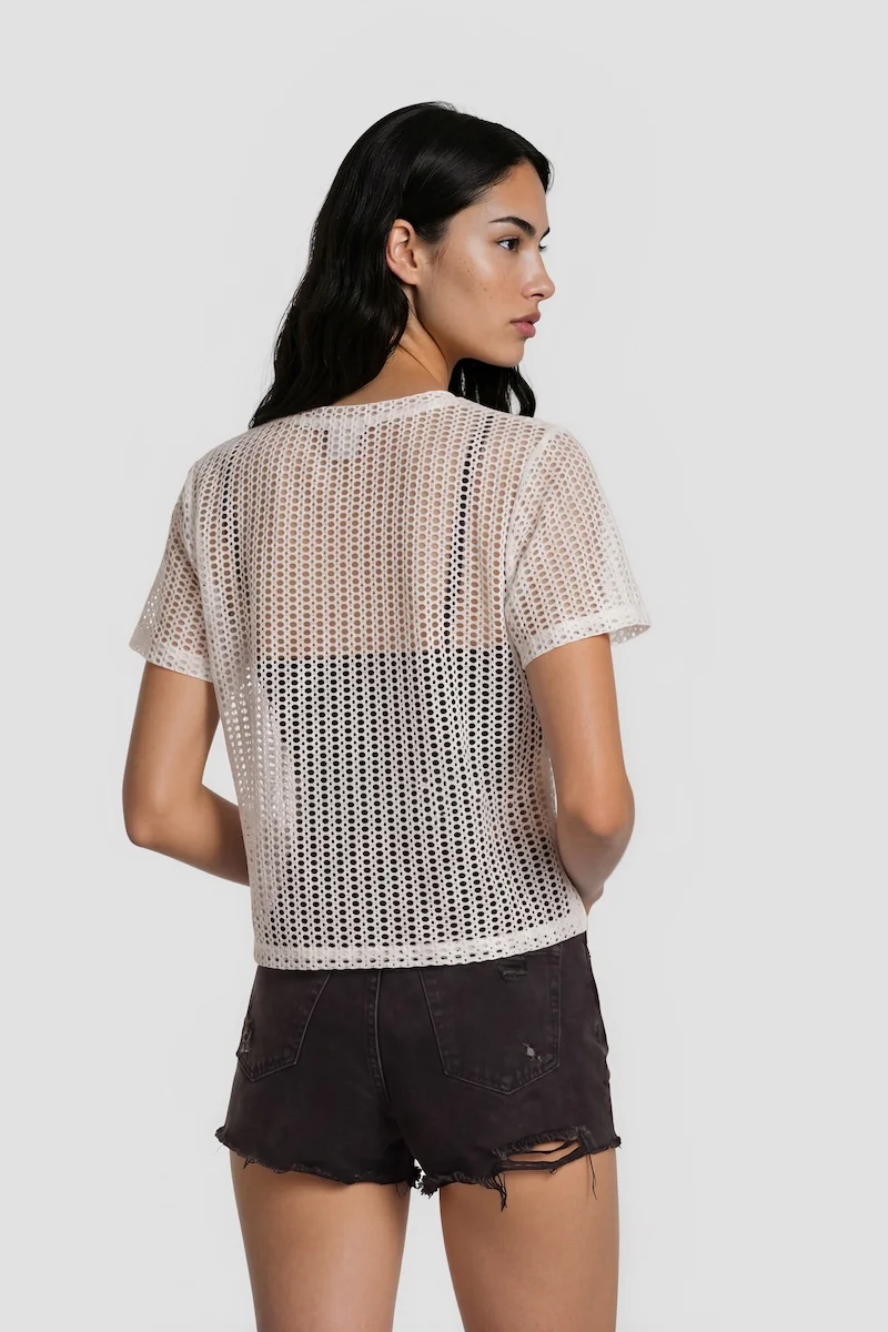 Short Sleeve Open Mesh Cardigan - White - Image 2