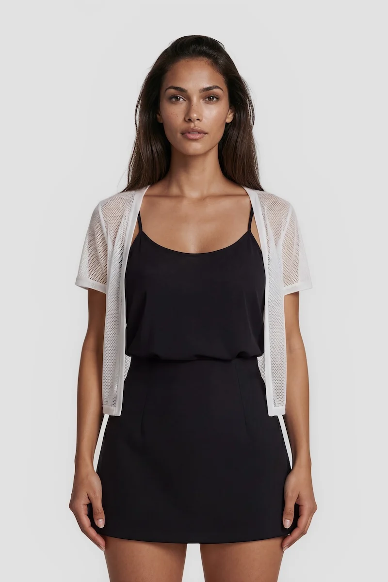 Short Sleeve Mesh Open Cardigan - White