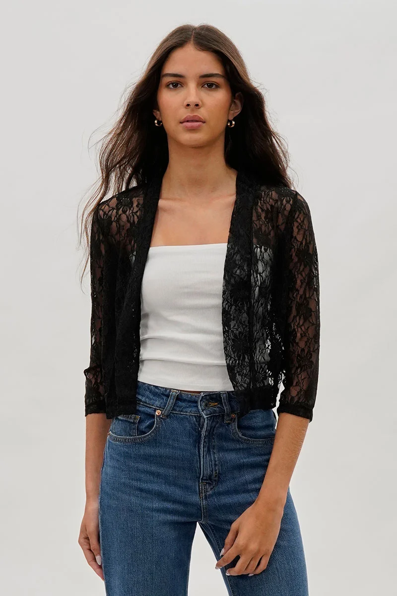Floral Lace Shrug Cardigan - Black