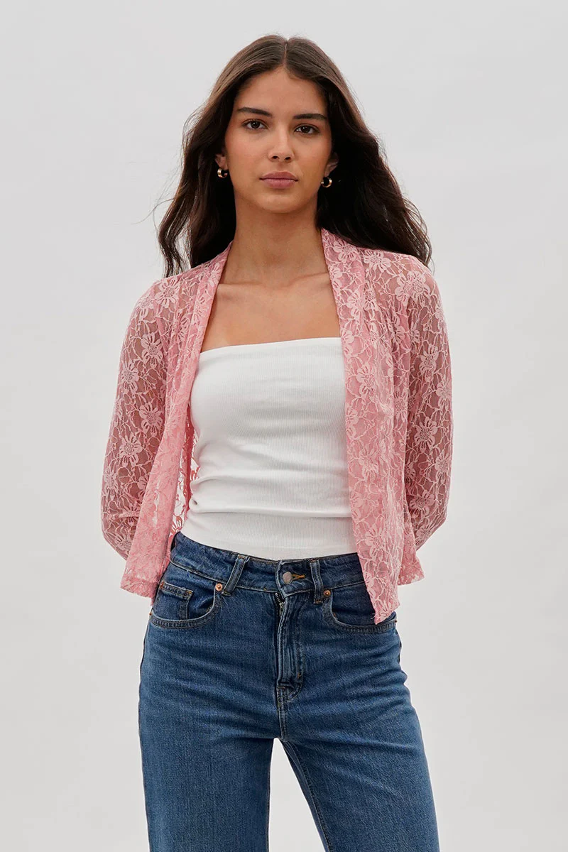 Floral Lace Shrug Cardigan - Pink