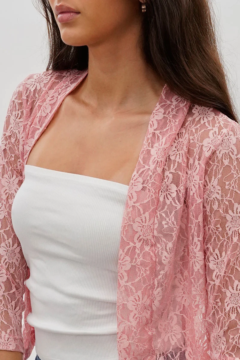 Floral Lace Shrug Cardigan - Pink - Image 4