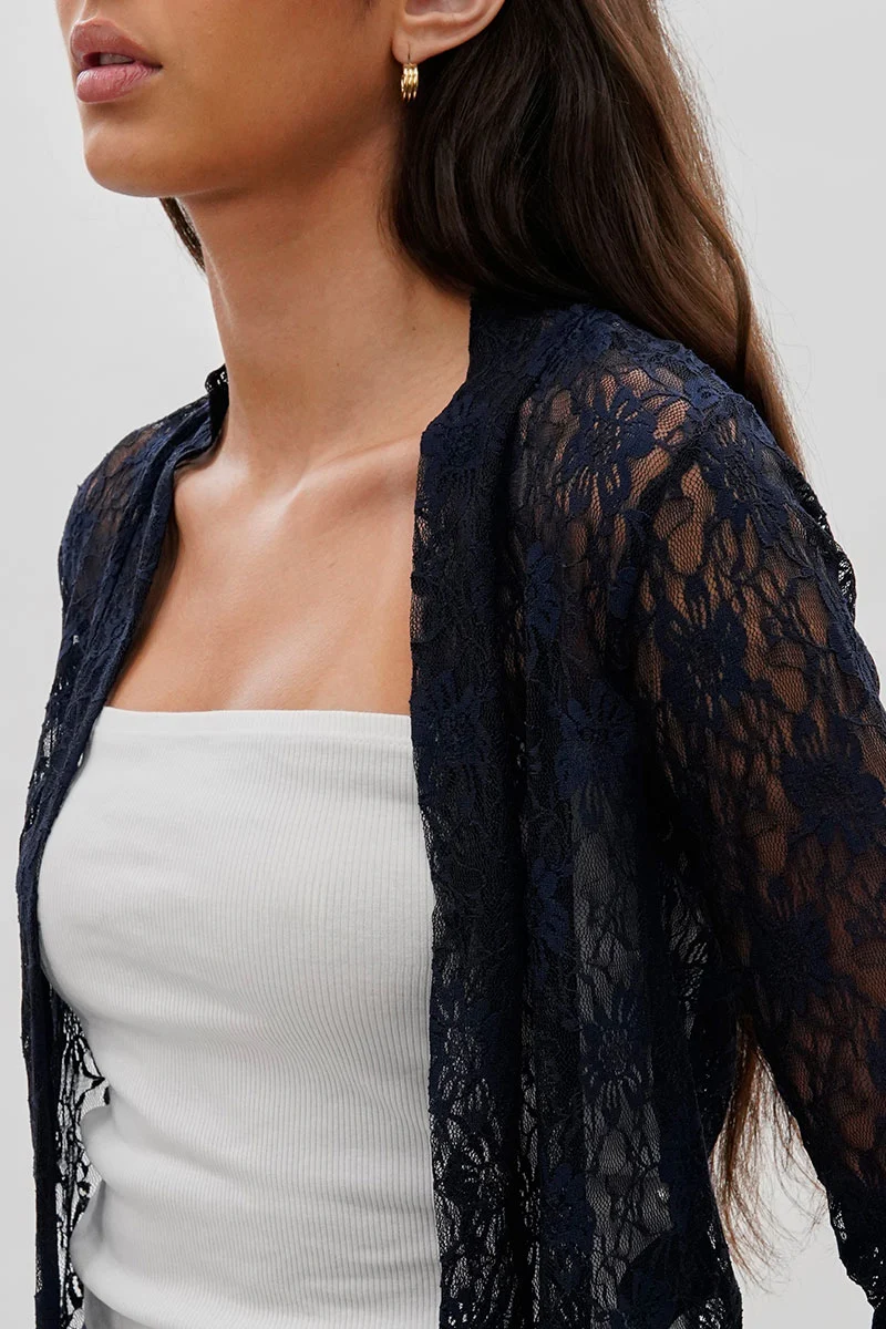 Floral Lace Shrug Cardigan - Navy - Image 4