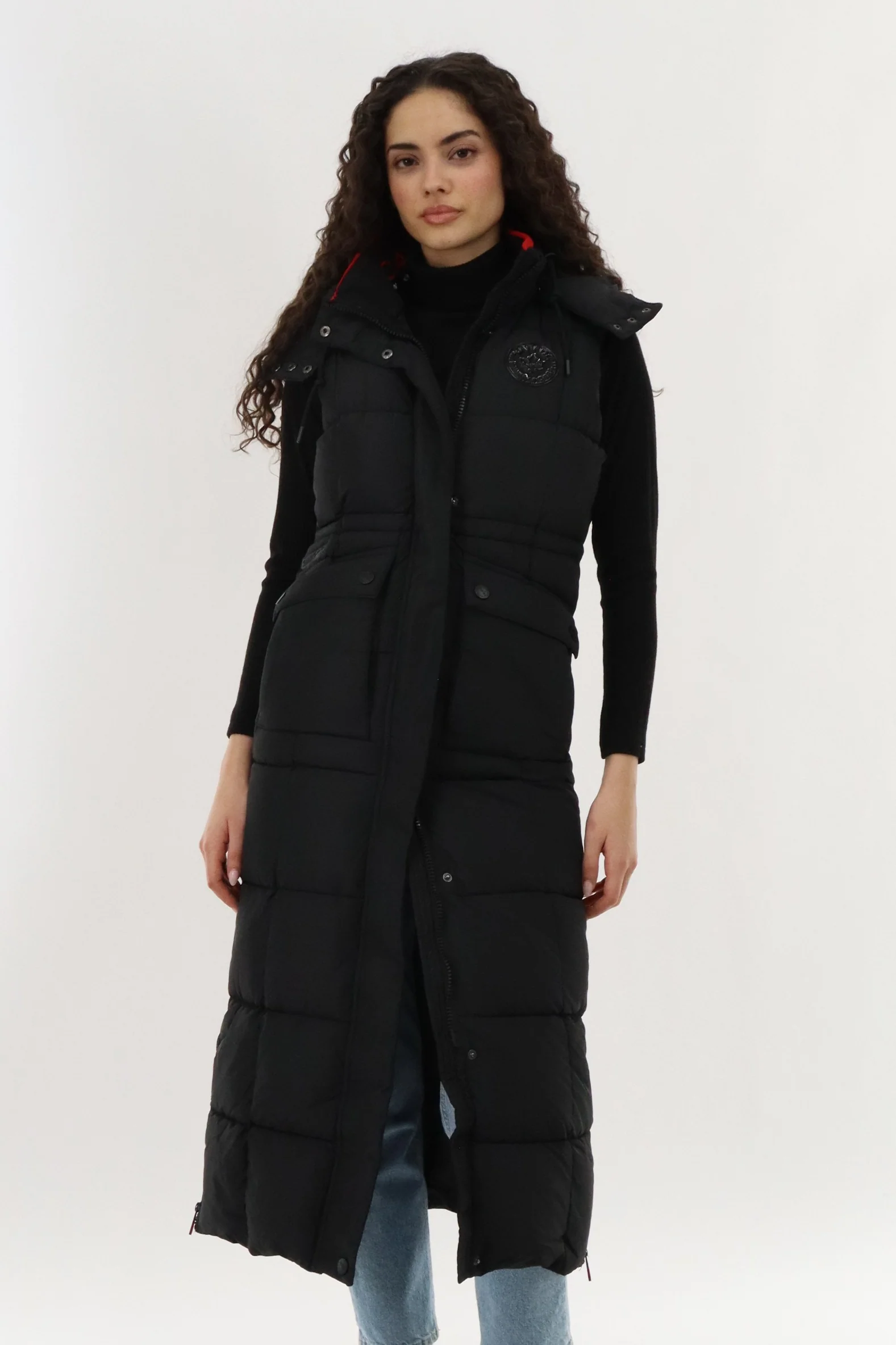 Long Quilted Ribbed Neck Vest - Black
