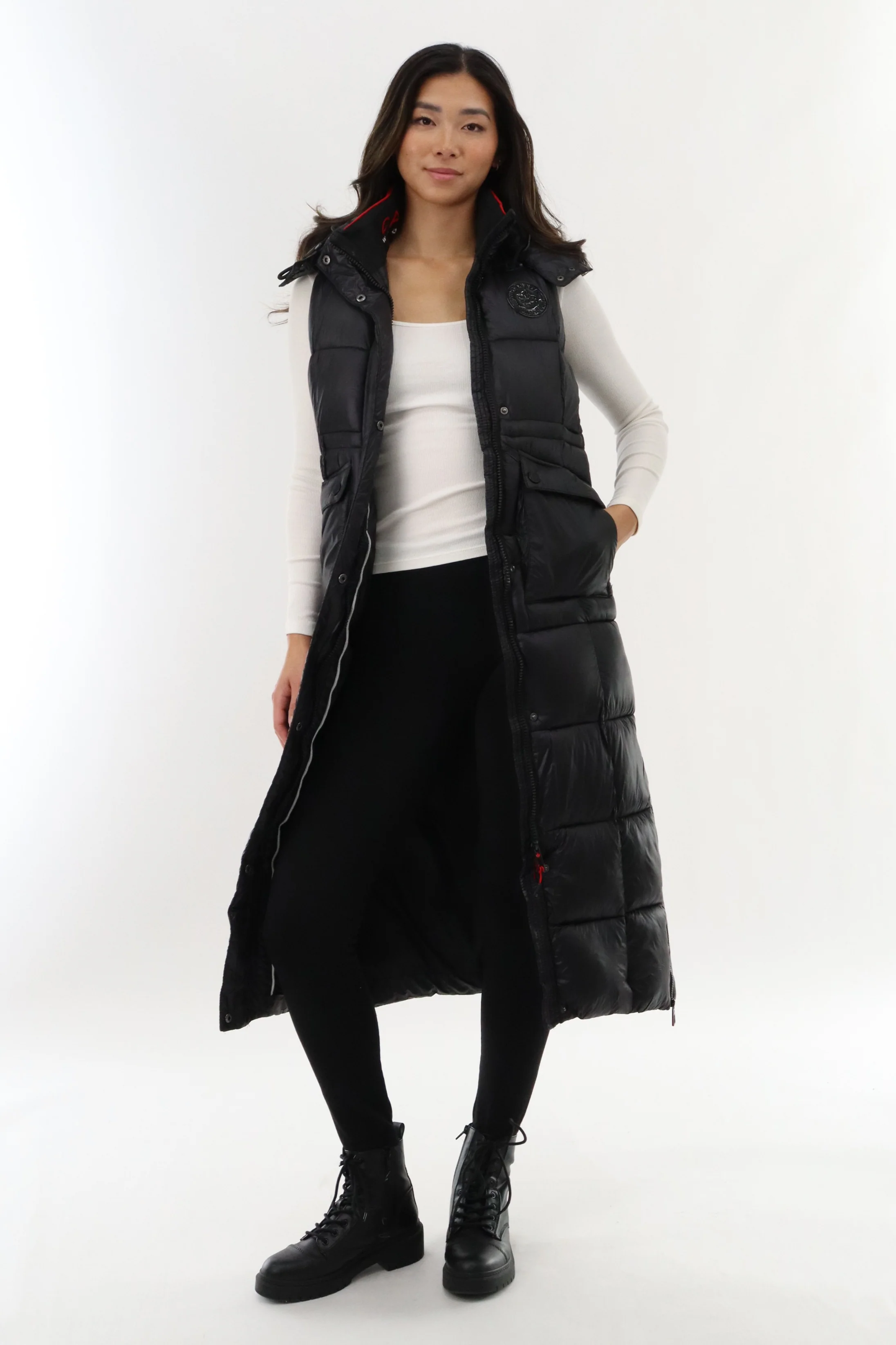 Long Quilted Shiny Vest - Black - Image 5