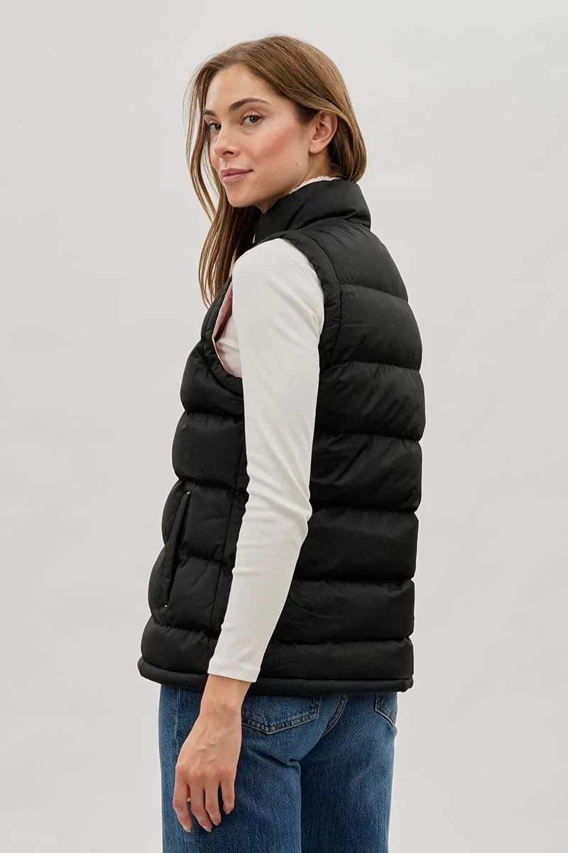 Fleece Lined Collar Puffer Vest - Black - Image 3