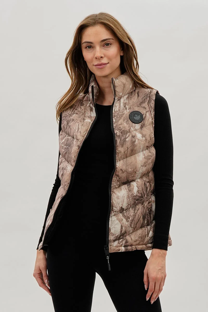 Camo Print Chevron Puffer Vest - Brown