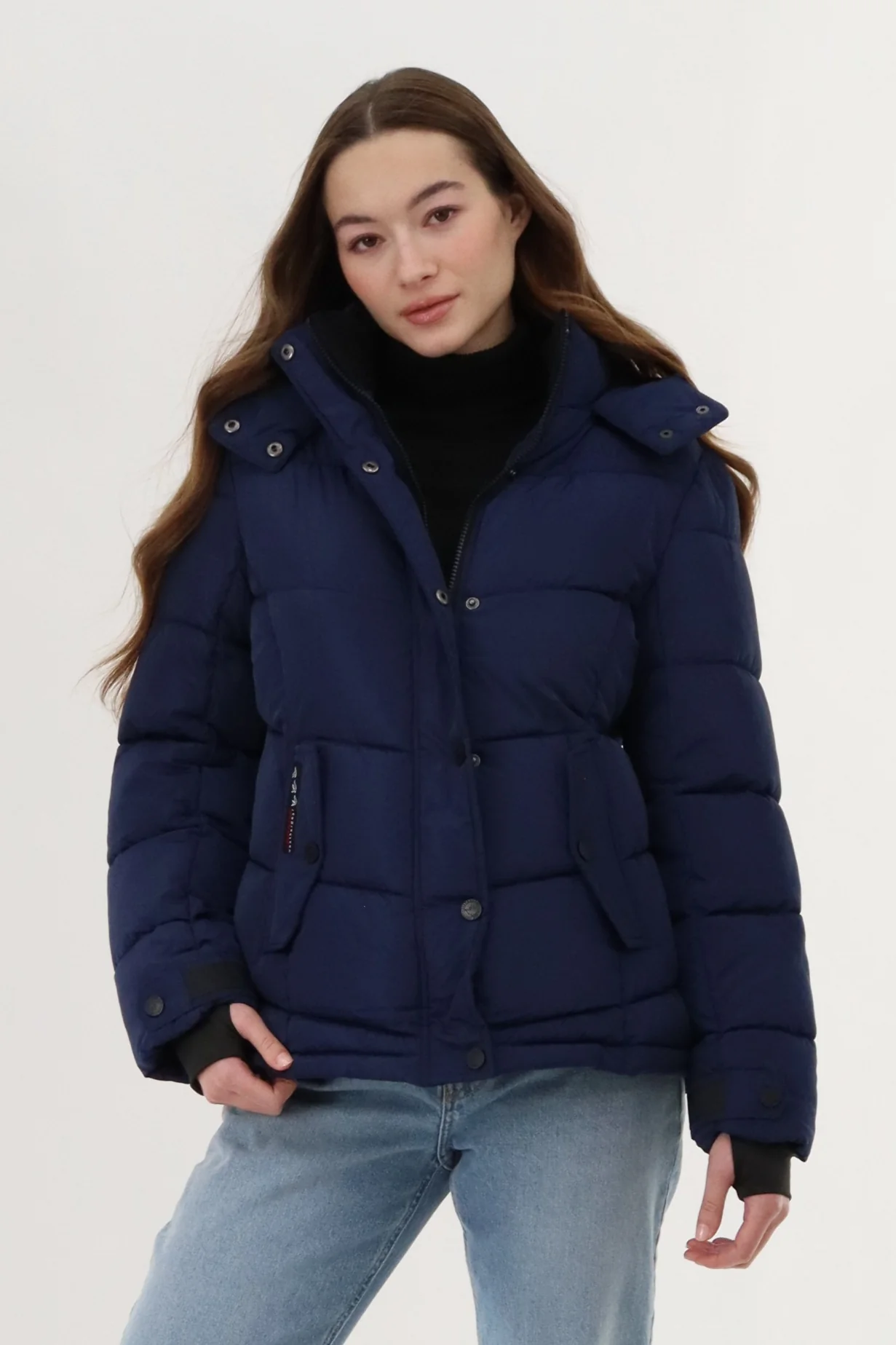 Hooded Puffer Bomber Jacket - Navy