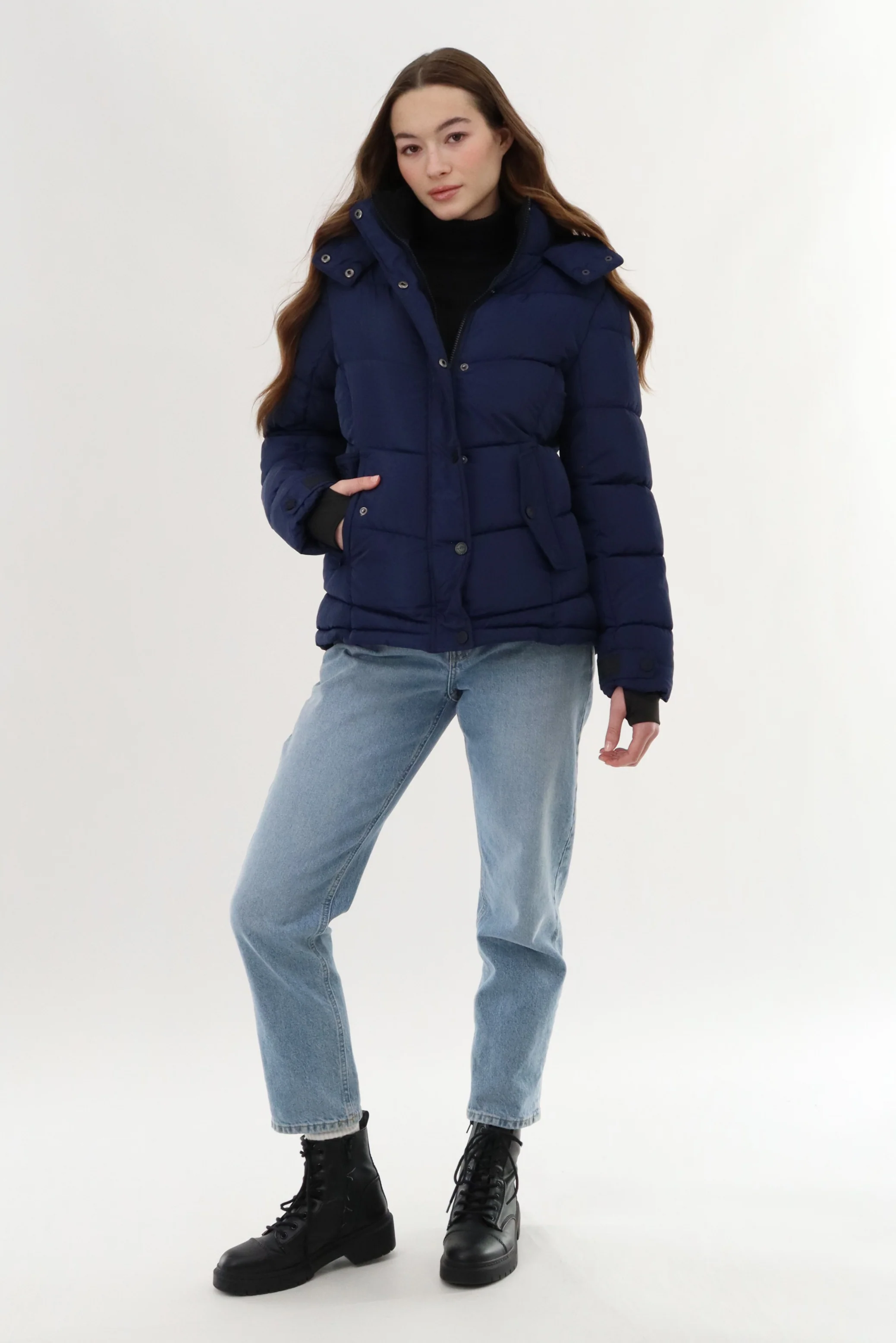 Hooded Puffer Bomber Jacket - Navy - Image 5