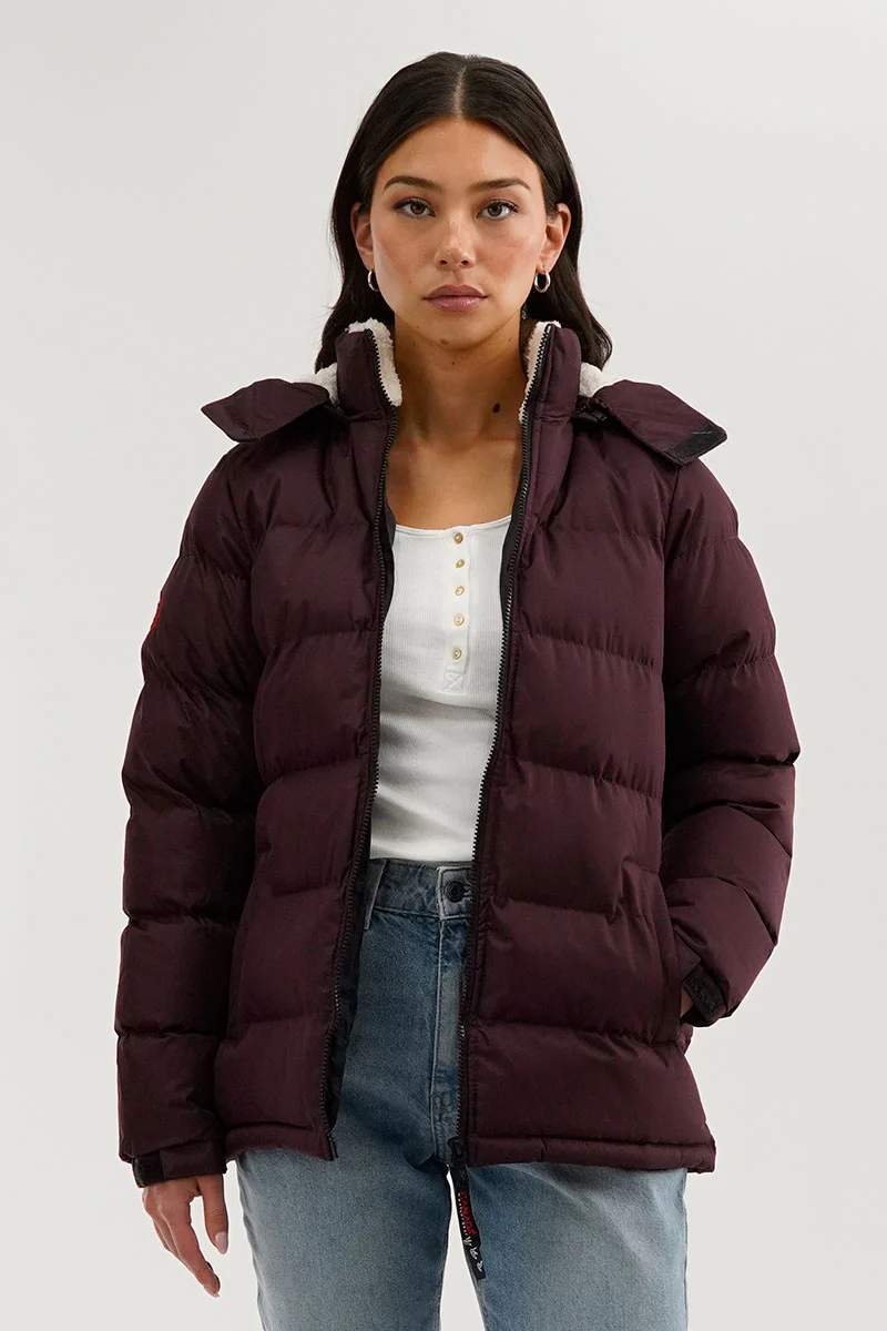 Sherpa Lined Collar Bomber Jacket - Burgundy