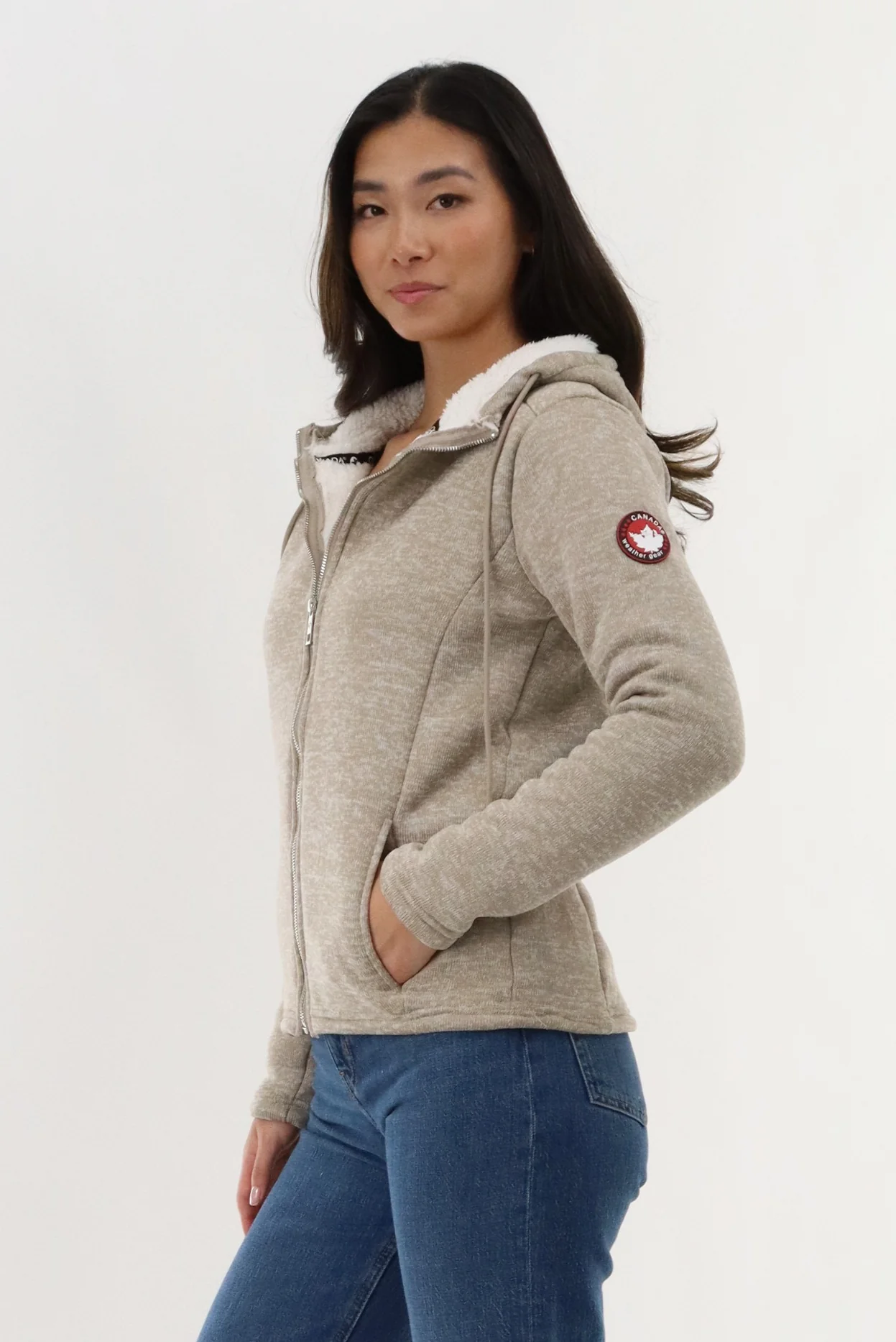 Sherpa Lined Fleece Zip Up Hoodie - Beige - Image 2