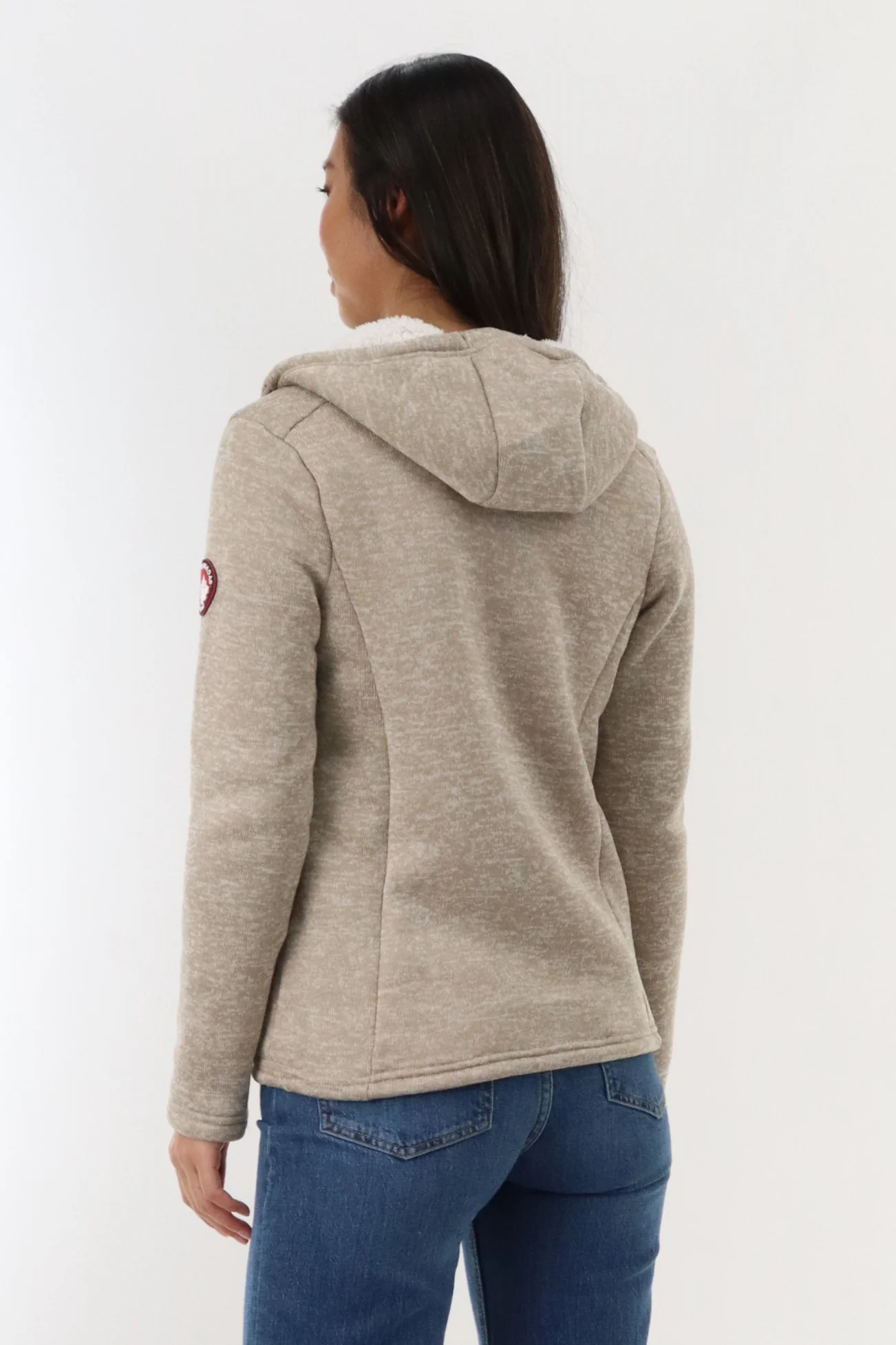 Sherpa Lined Fleece Zip Up Hoodie - Beige - Image 3