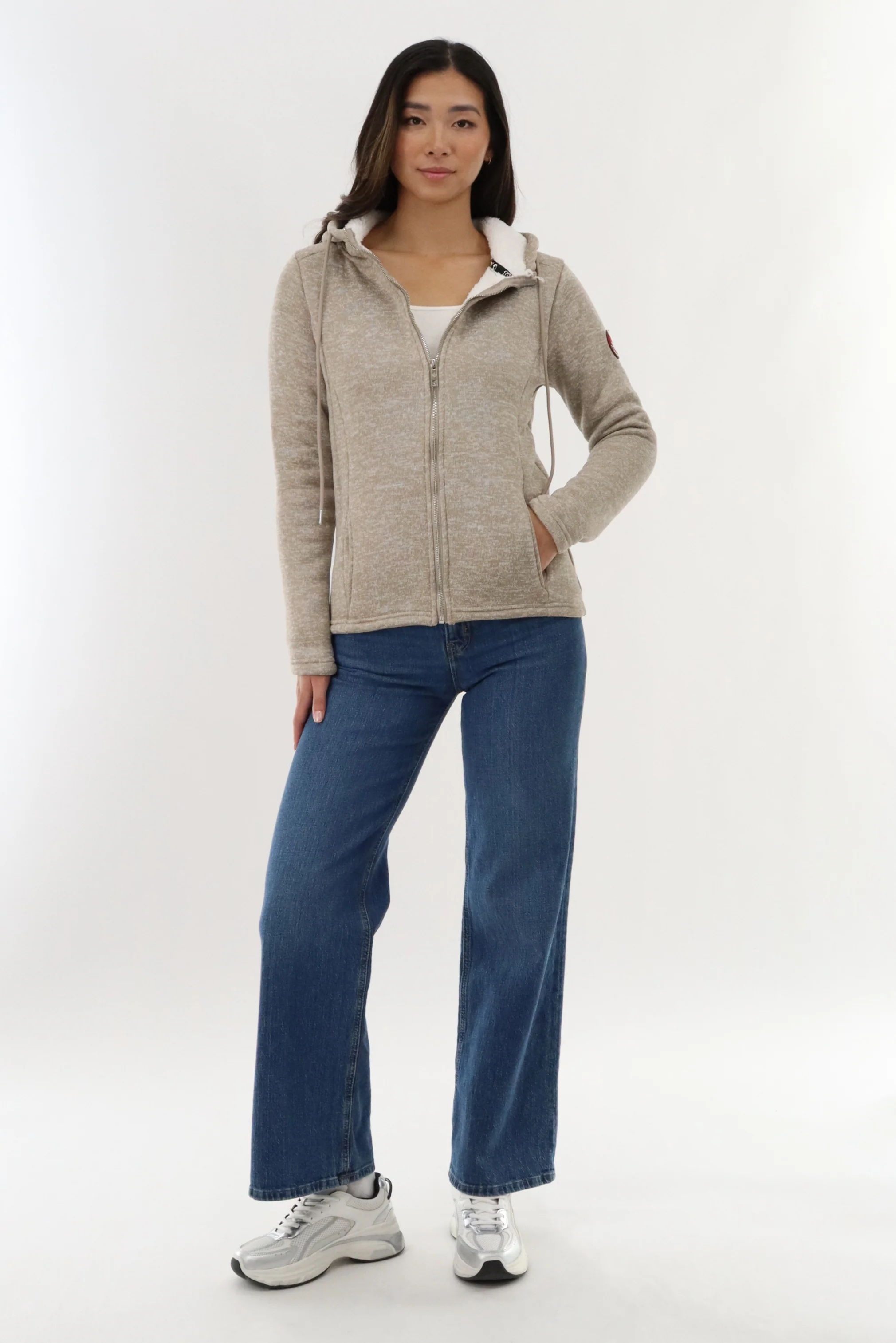 Sherpa Lined Fleece Zip Up Hoodie - Beige - Image 5