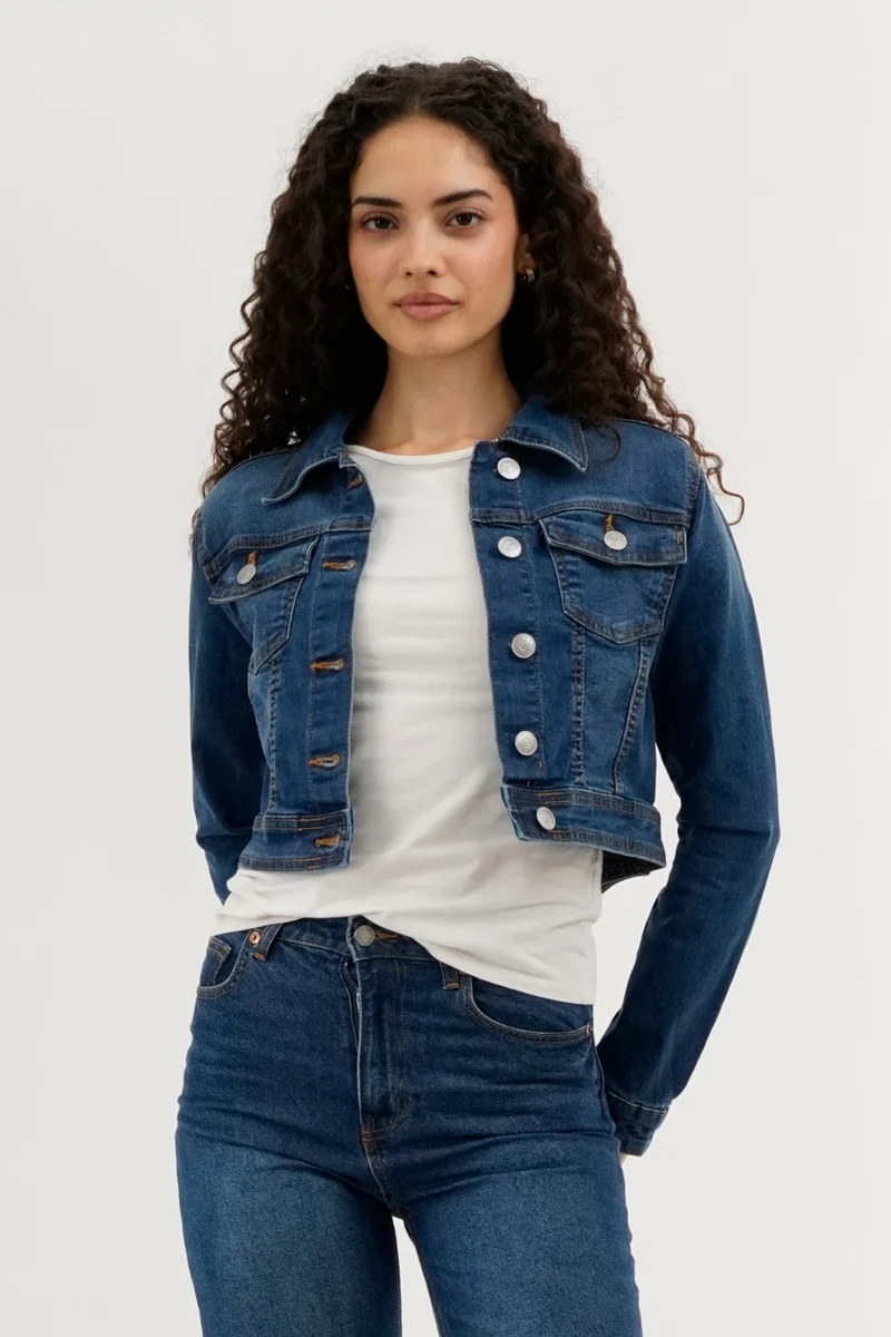 Cropped Button Down Denim Jacket - Blue