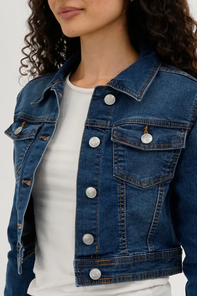 Cropped Button Down Denim Jacket - Blue - Image 4