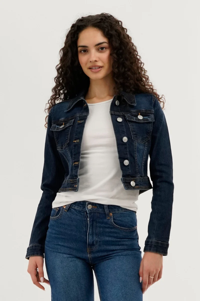 Cropped Button Down Denim Jacket - Navy