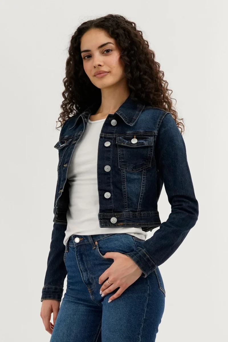 Cropped Button Down Denim Jacket - Navy - Image 2