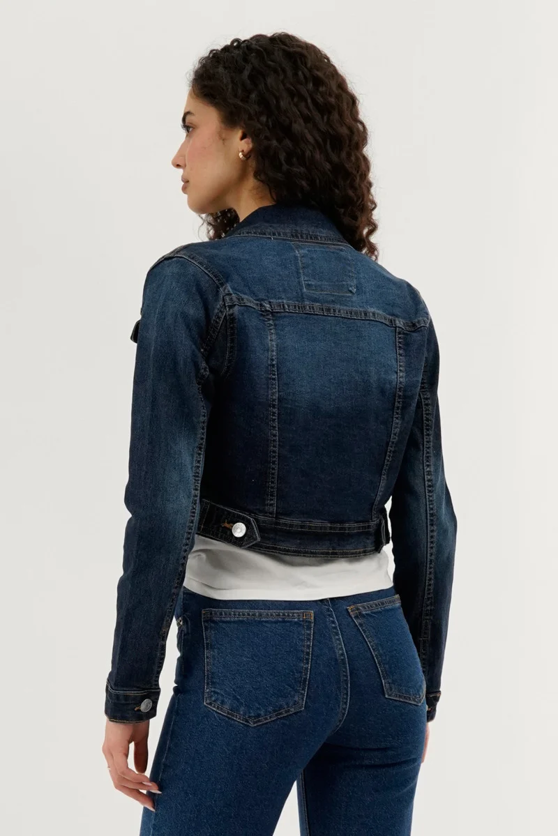 Cropped Button Down Denim Jacket - Navy - Image 3