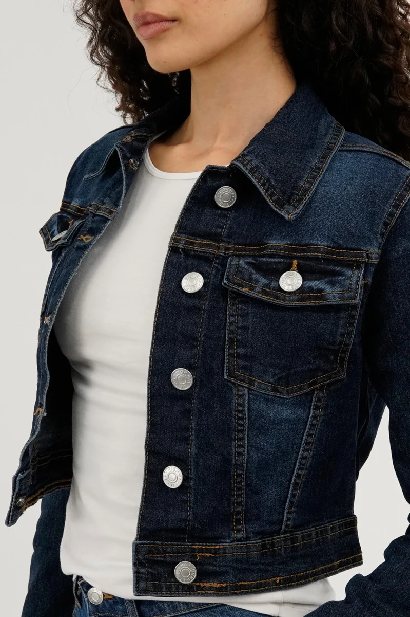 Cropped Button Down Denim Jacket - Navy - Image 4