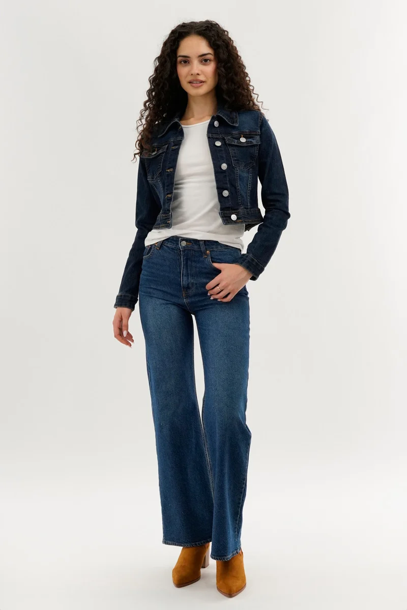 Cropped Button Down Denim Jacket - Navy - Image 5