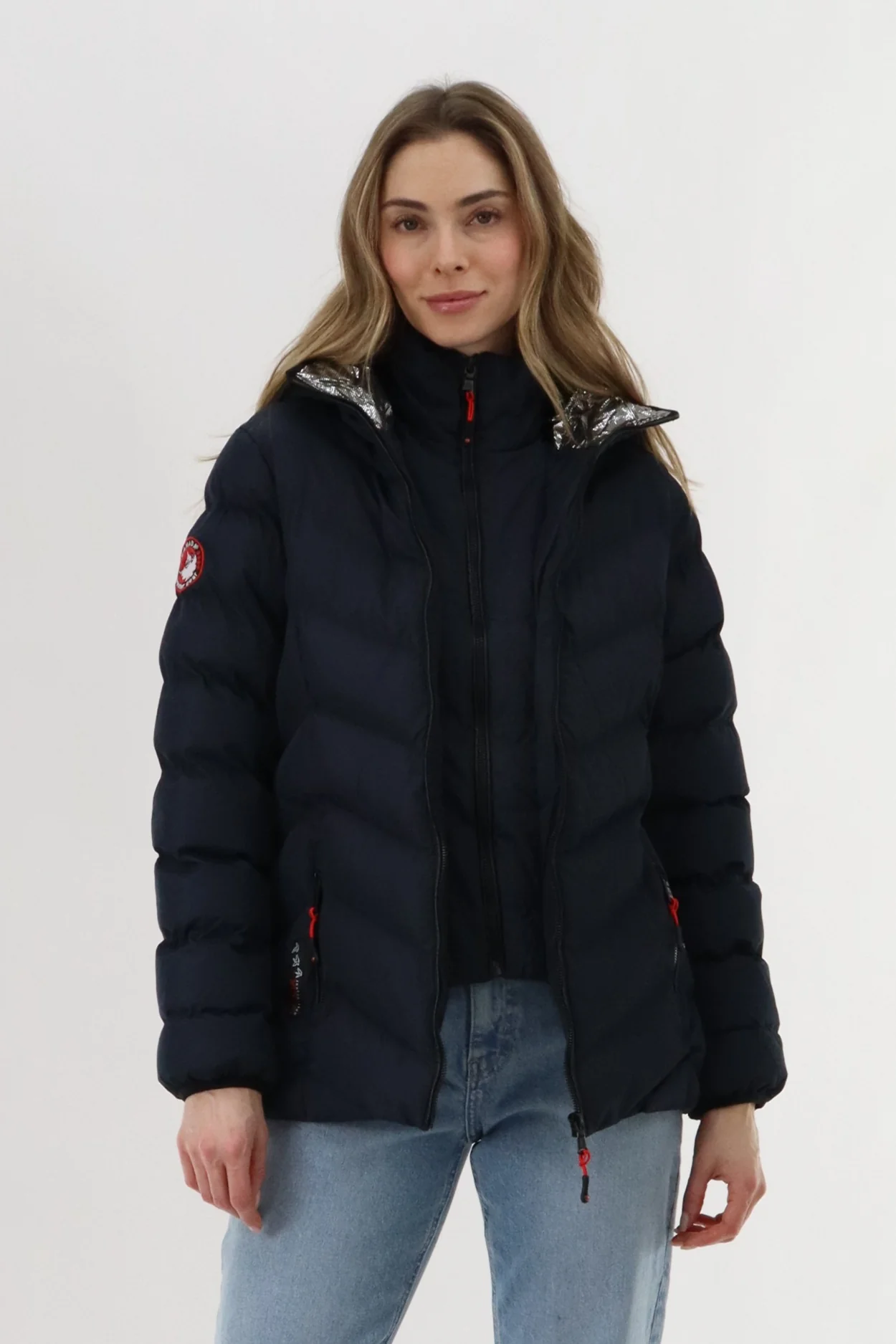 Quilted Puffer Double Zip Bomber Jacket - Navy