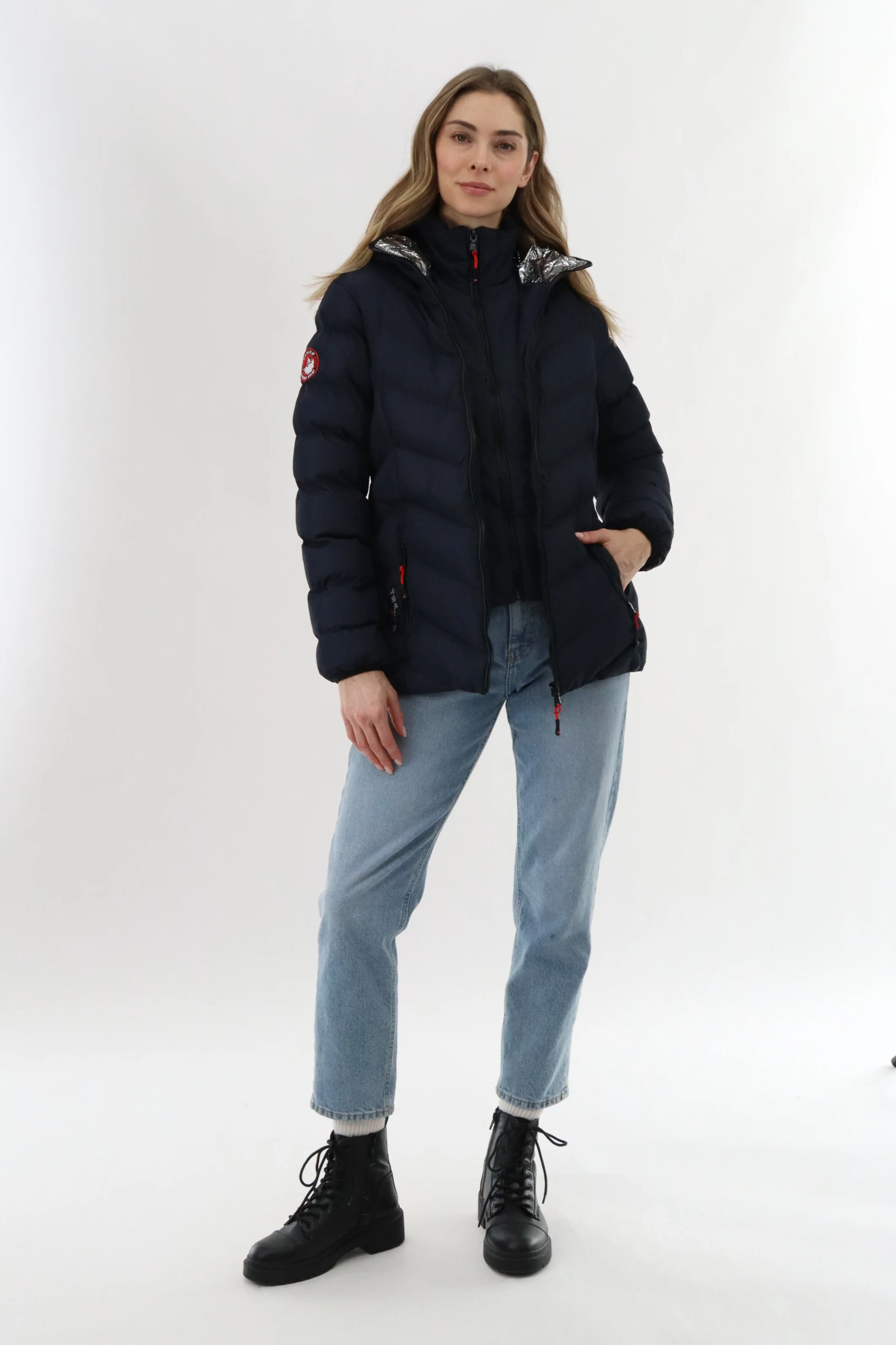 Quilted Puffer Double Zip Bomber Jacket - Navy - Image 5