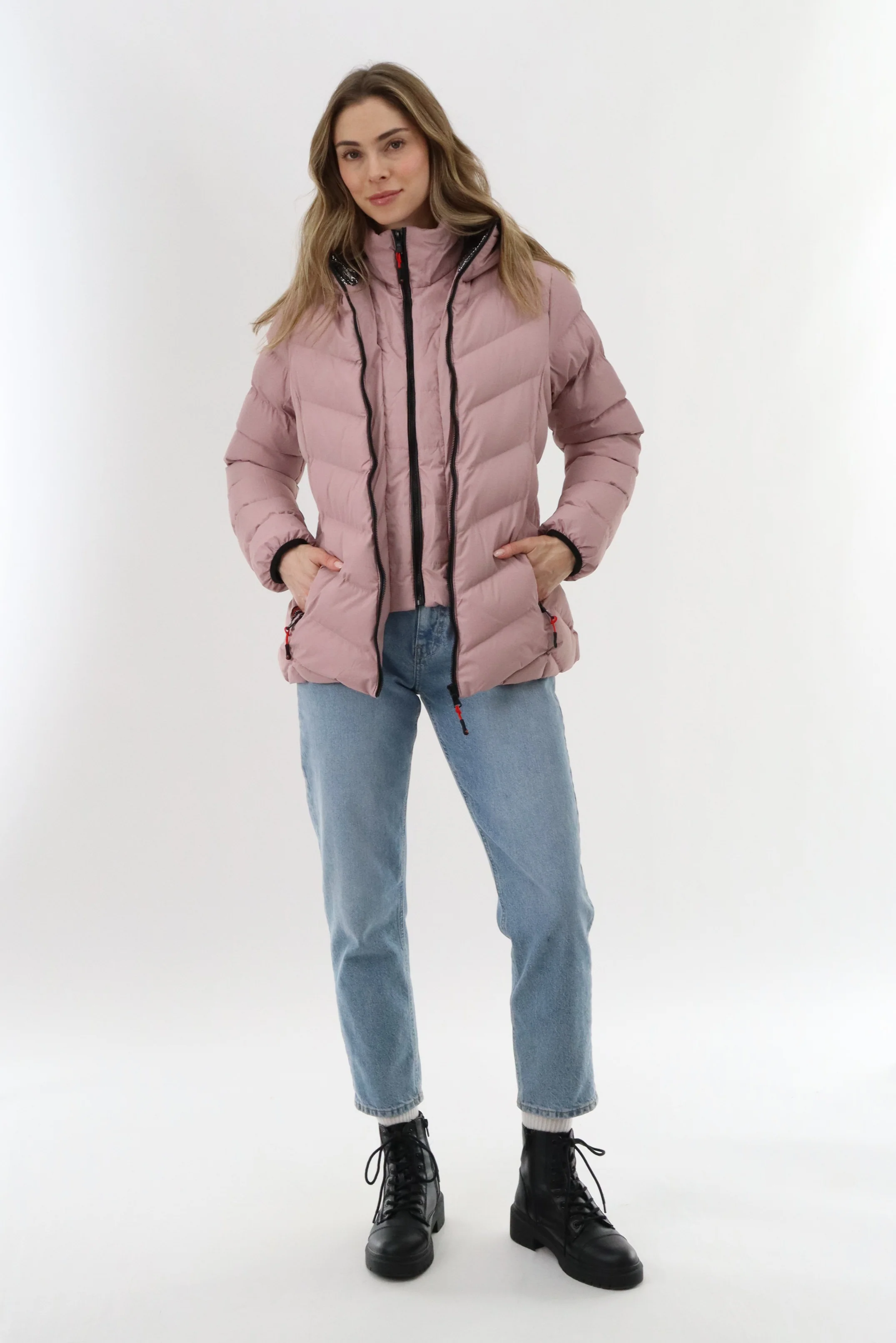 Quilted Puffer Double Zip Bomber Jacket - Blush - Image 5